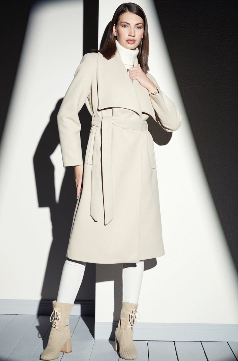 Wholesale Coats | Midi Coat with Belt | Wrap Coat | Beige Wool coat ...